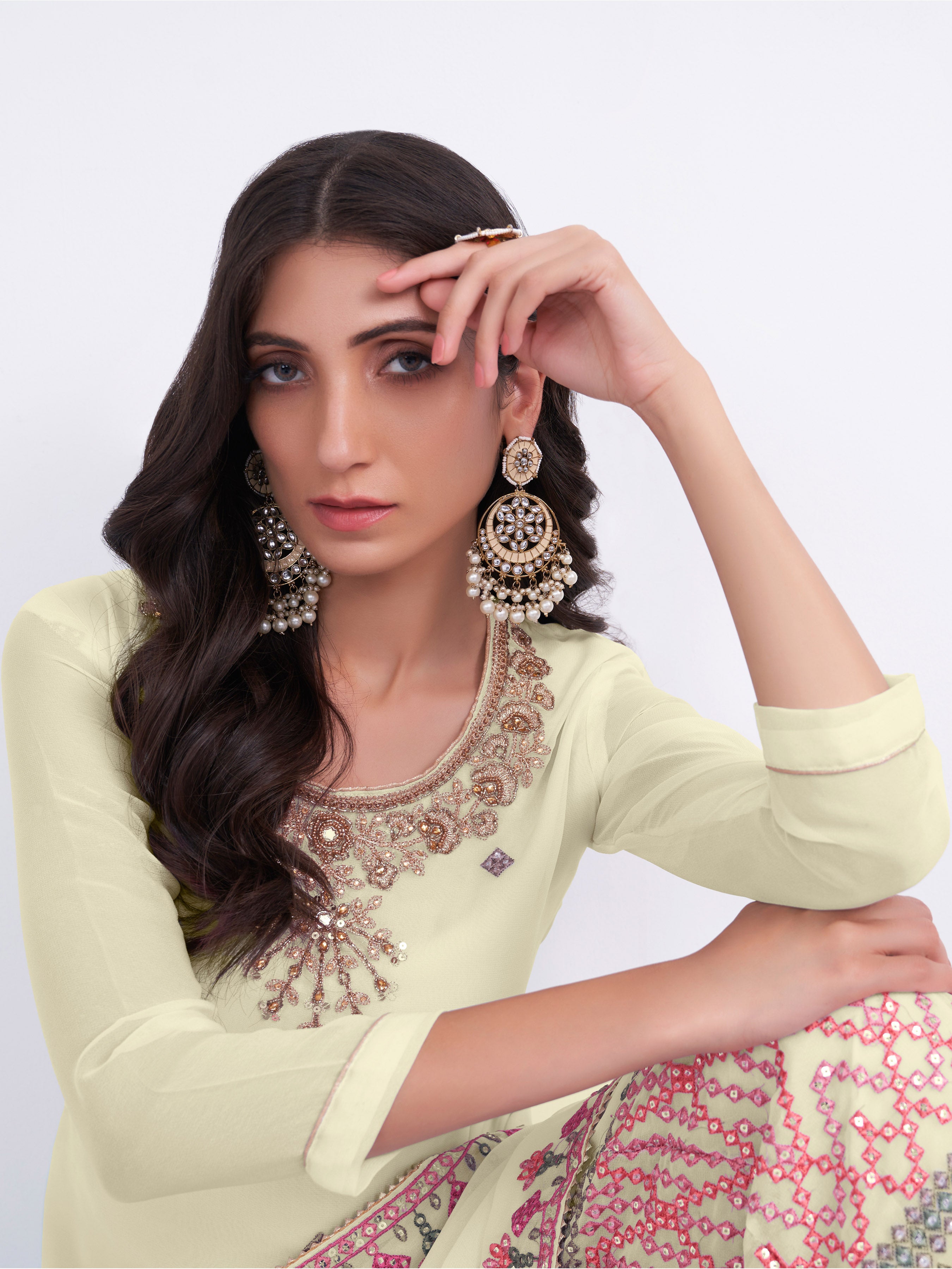 Alizeh Almora Light Yellow Multi Thread Sequins Embroidered Georgette Sharara Suit