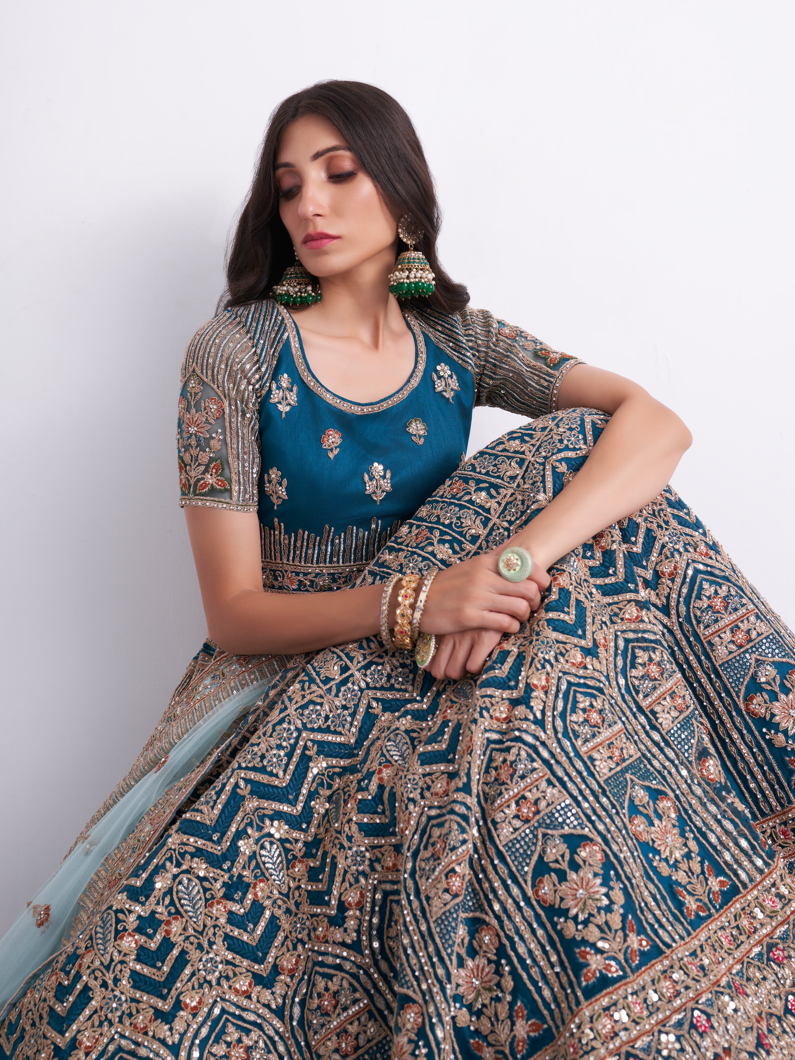 Alizeh Bridal Heritage Premium Teal Blue Heavy Embroidered Net Designer Lehenga