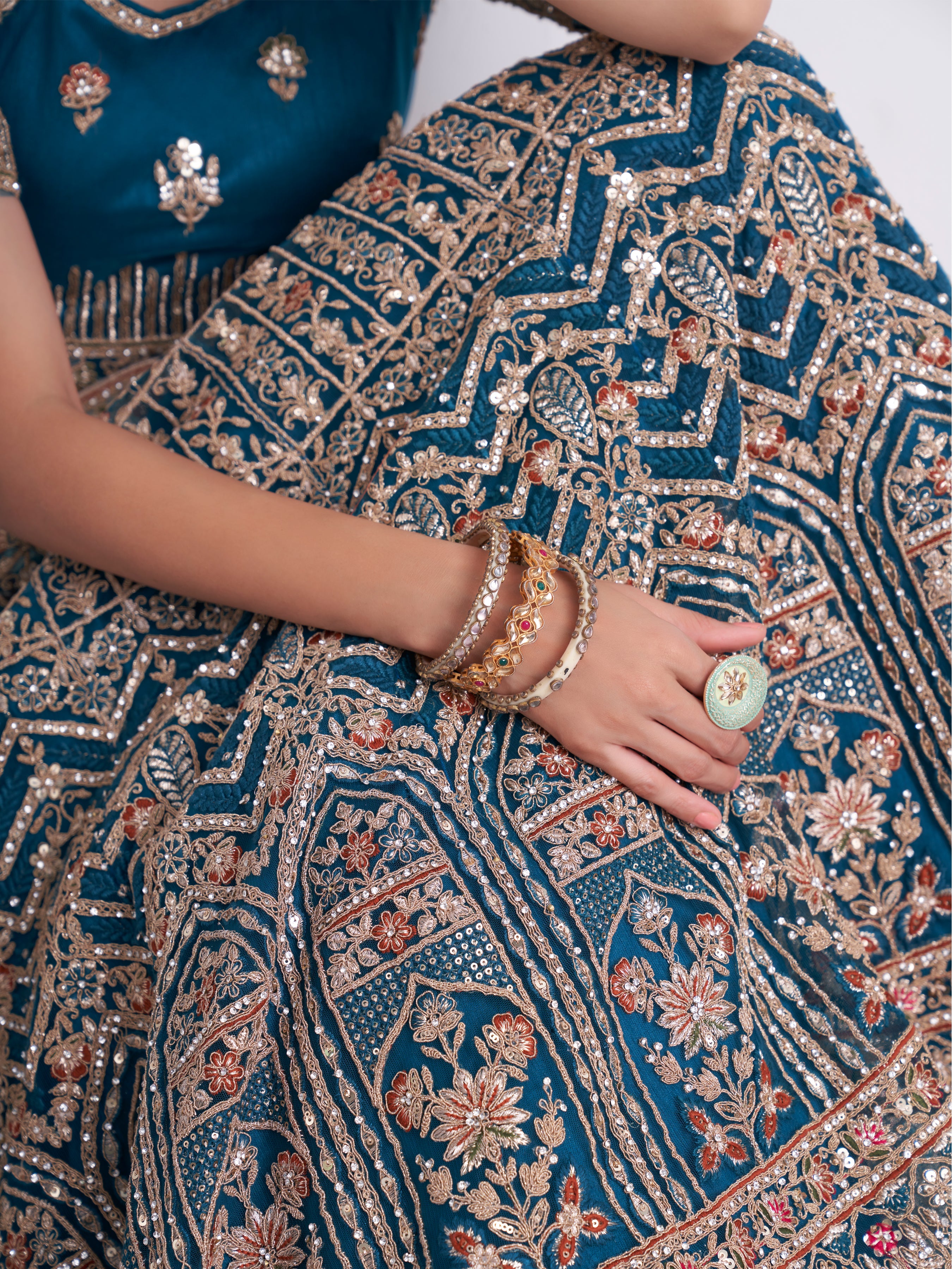 Alizeh Bridal Heritage Premium Teal Blue Heavy Embroidered Net Designer Lehenga