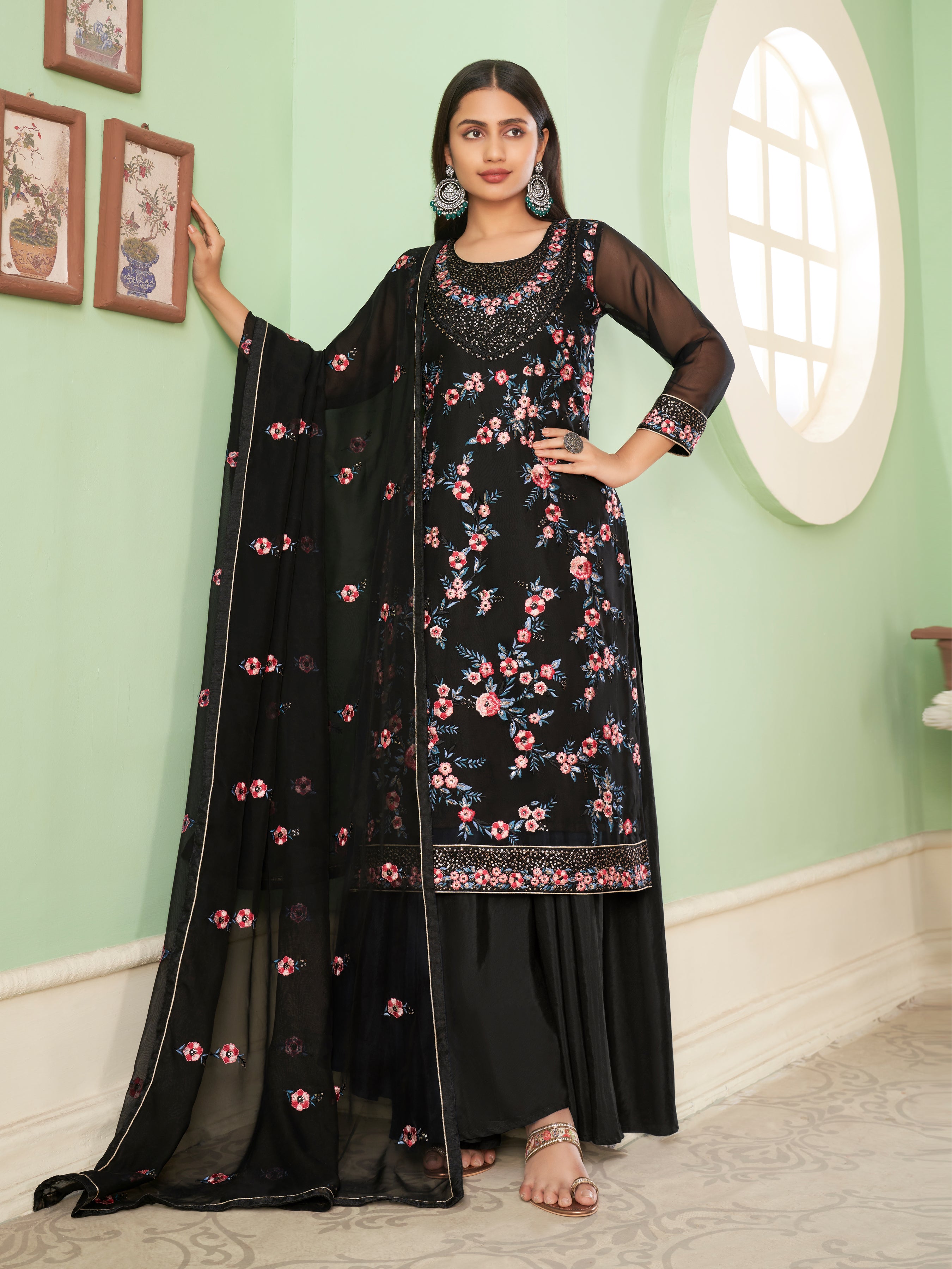 Alizeh Zaida Black Heavy Multi-thread Embroidered Georgette Palazzo Suit