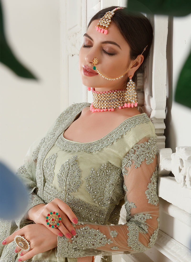 Alizeh Bridal Heritage Pista Green Net Embroidered Lehenga