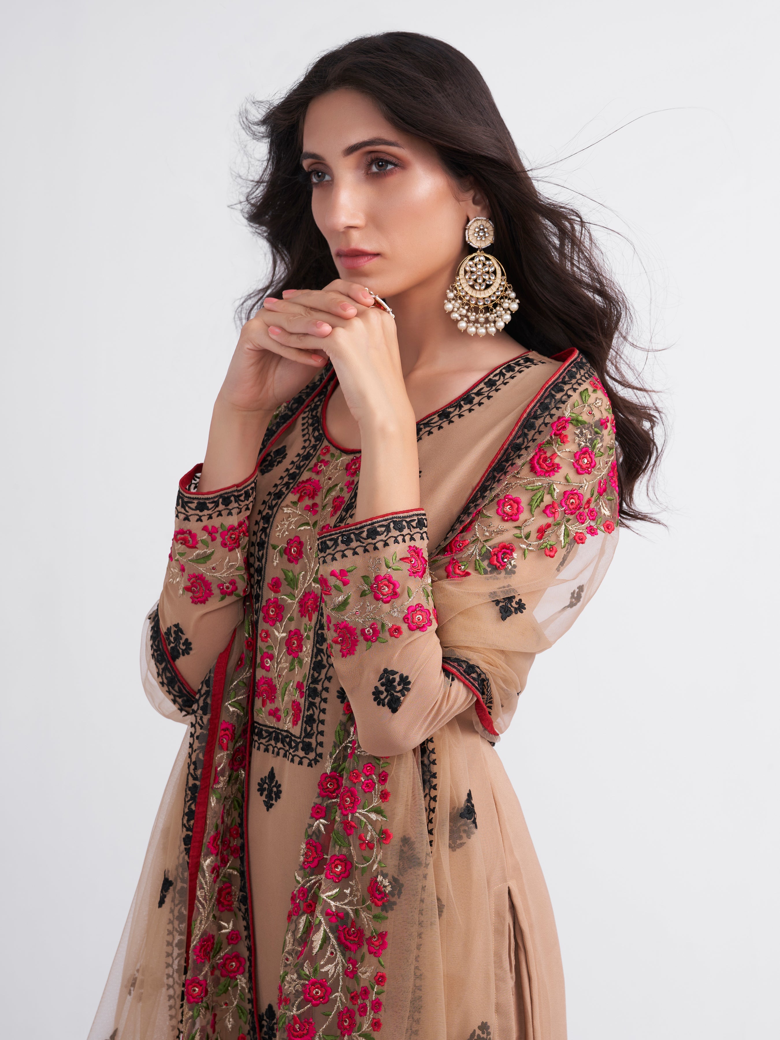 Alizeh Almora Multi Embroidered Chiku Colour Georgette Pakistani suit Set