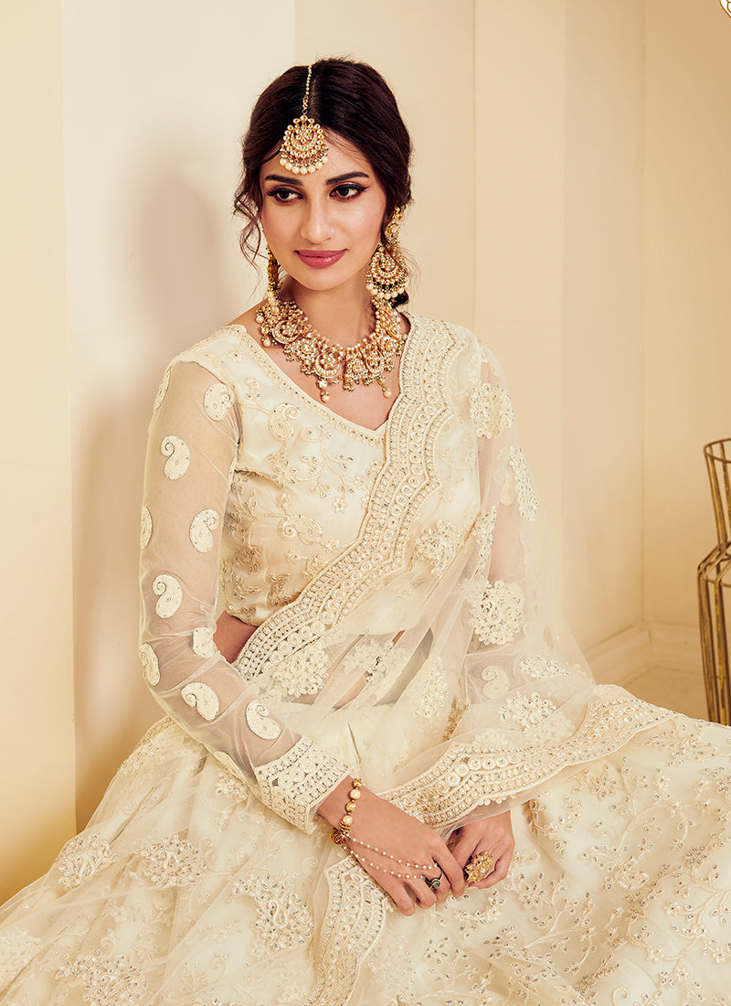 Alizeh The White Bride Ivory Color Heavy Embroidered Net Lehenga