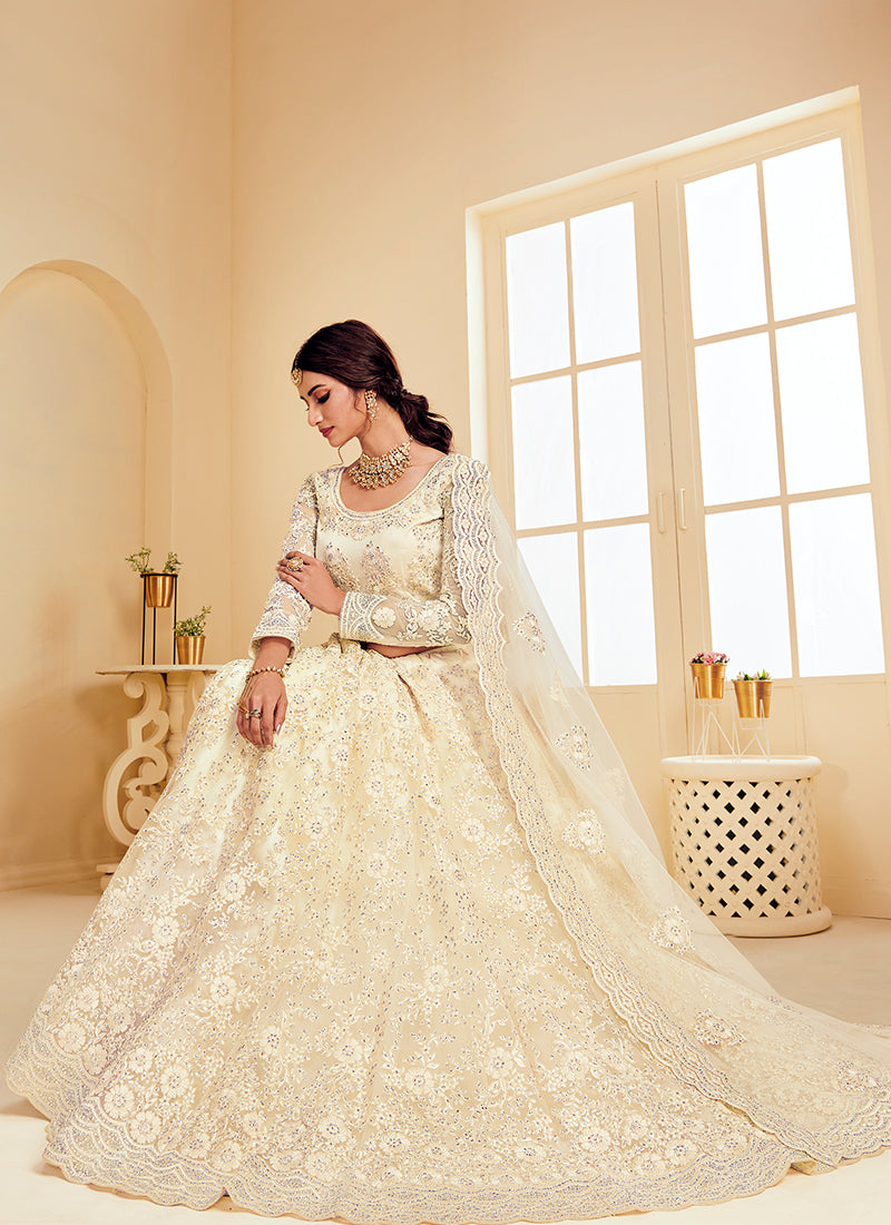 Alizeh The White Bride Ivory Heavy Emboidered Designer Net Lehenga