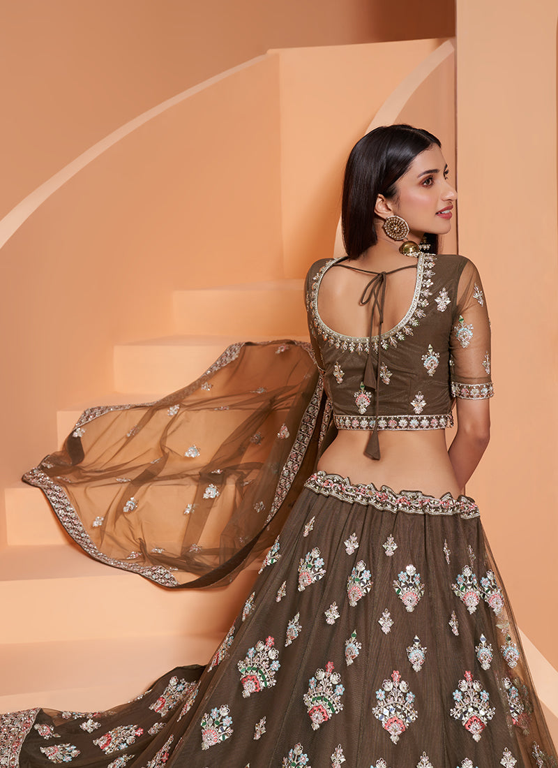 Alizeh Engagement Army Green Heavy Embroidered Net Lehenga Set