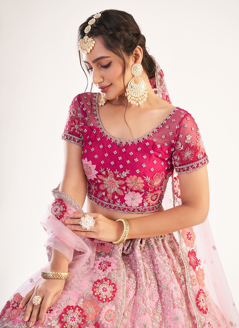 Alizeh Bridal Heritage Premium Shaded Rani Heavy Embroidered Net Designer Lehenga