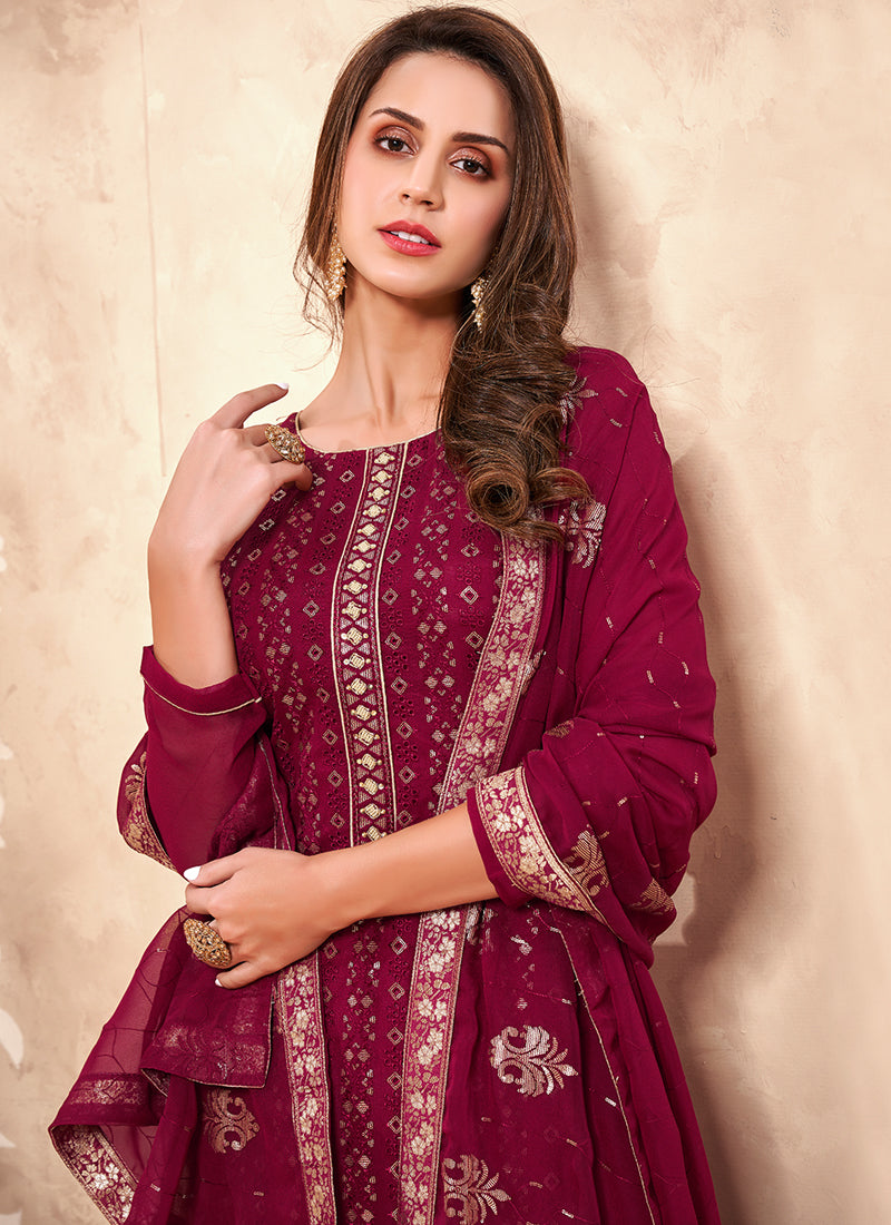 Alizeh Murad Magenta Heavy Embroidered Designer Straight Pant Style Georgette Suit