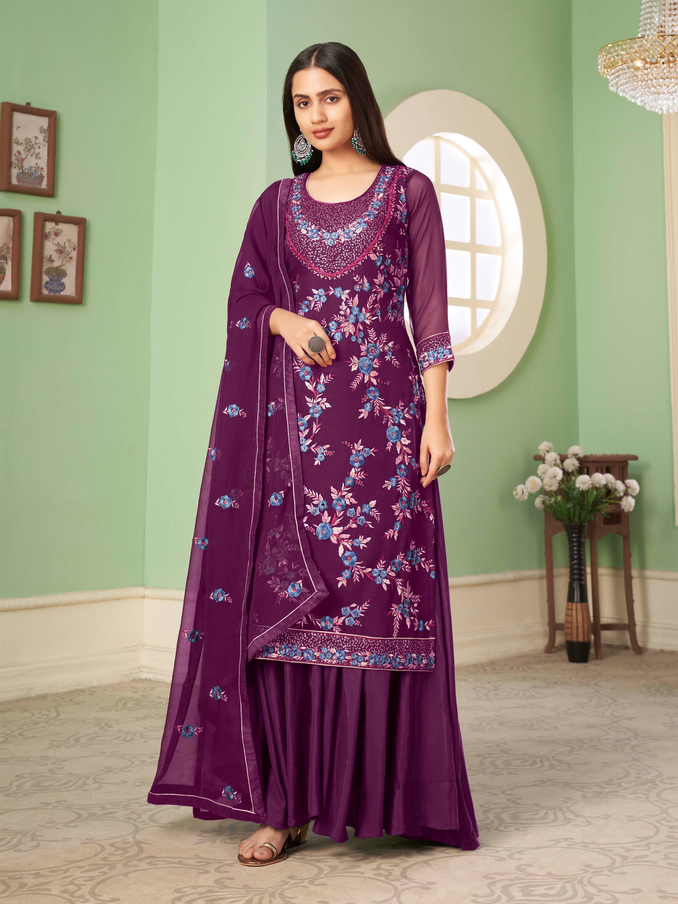Alizeh Zaida Purple Heavy Multi-thread Embroidered Georgette Palazzo Suit
