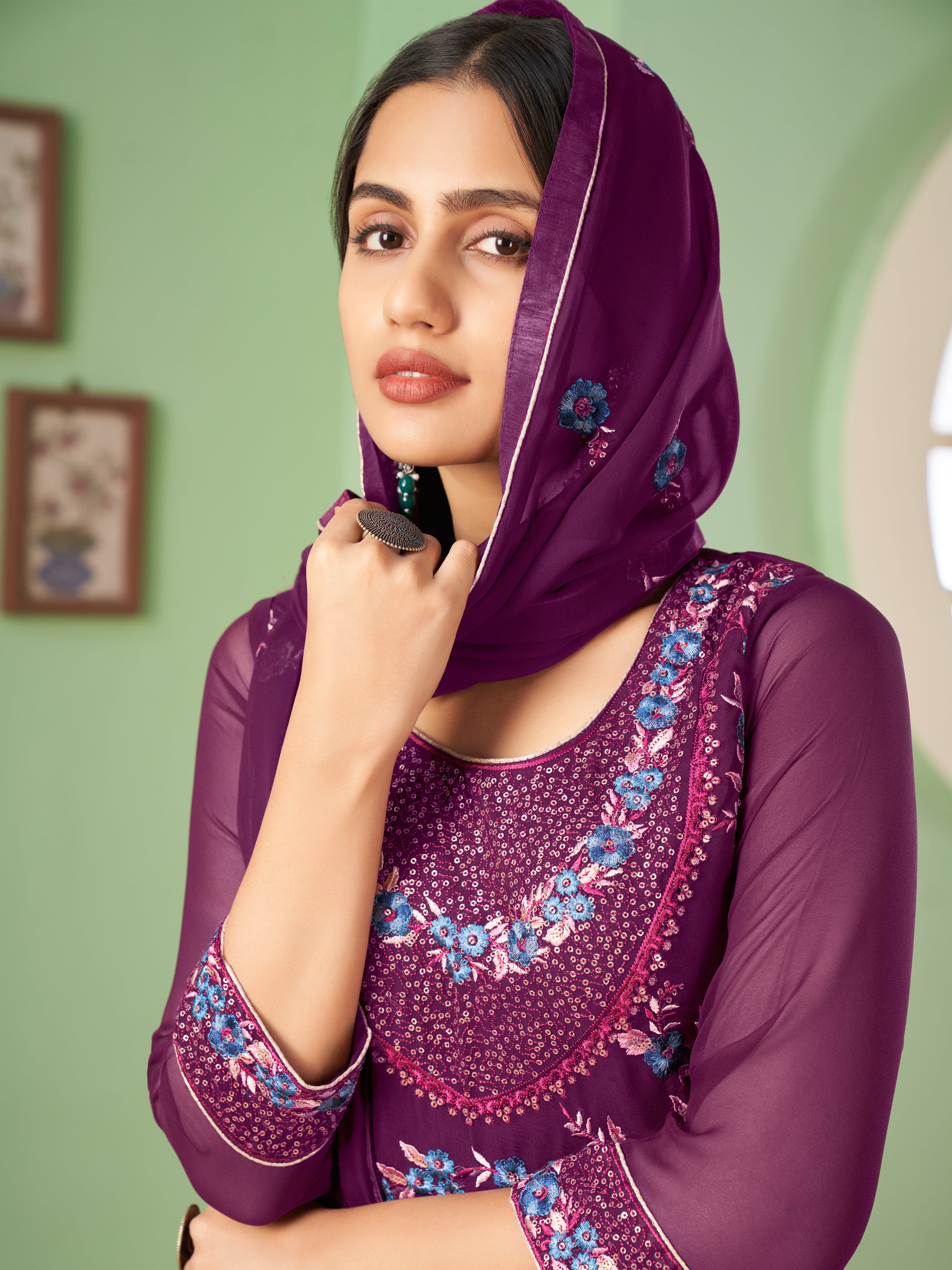 Alizeh Zaida Purple Heavy Multi-thread Embroidered Georgette Palazzo Suit