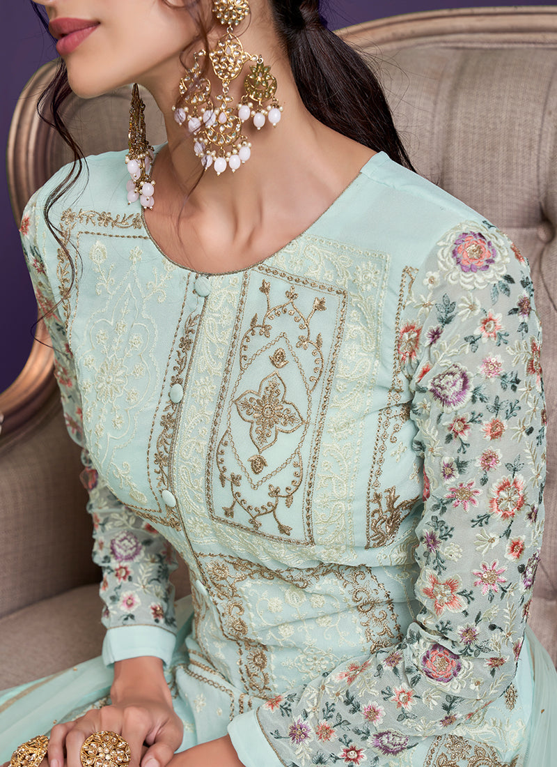 Alizeh Almora Pastel Blue Heavy Embroidered Georgette Straight Pant Suit