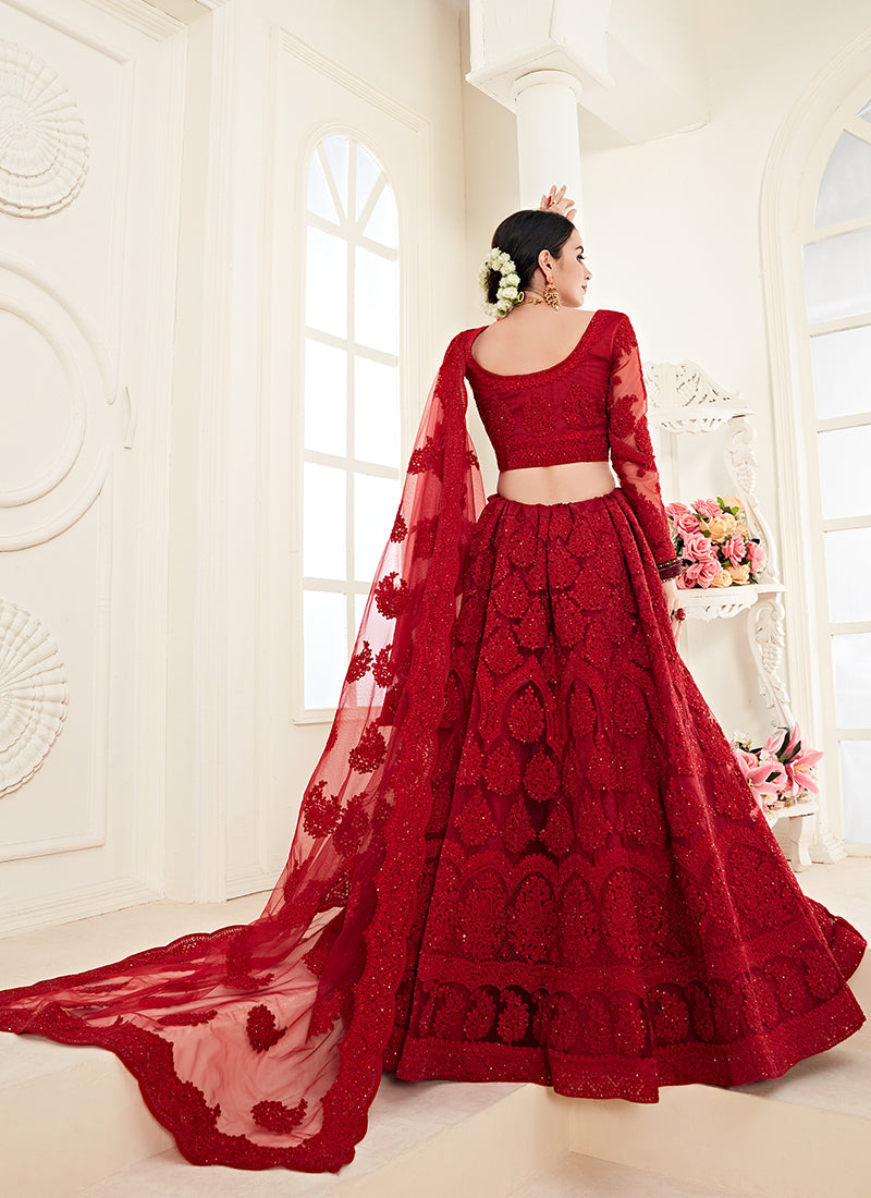 Alizeh Bridal Heritage Deep Red Heavy Embroidered Net Bridal Lehenga