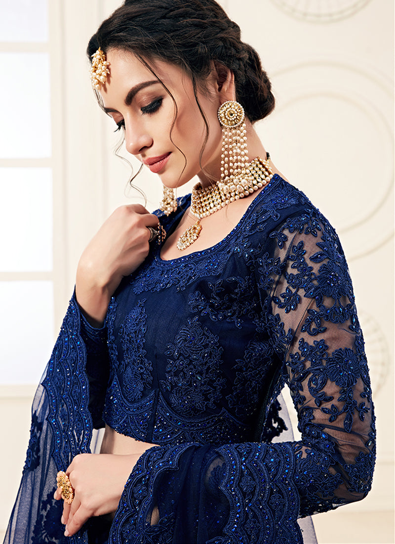 Alizeh Bridal Heritage Deep Blue Partywear Heavy Embroidered Net Lehenga