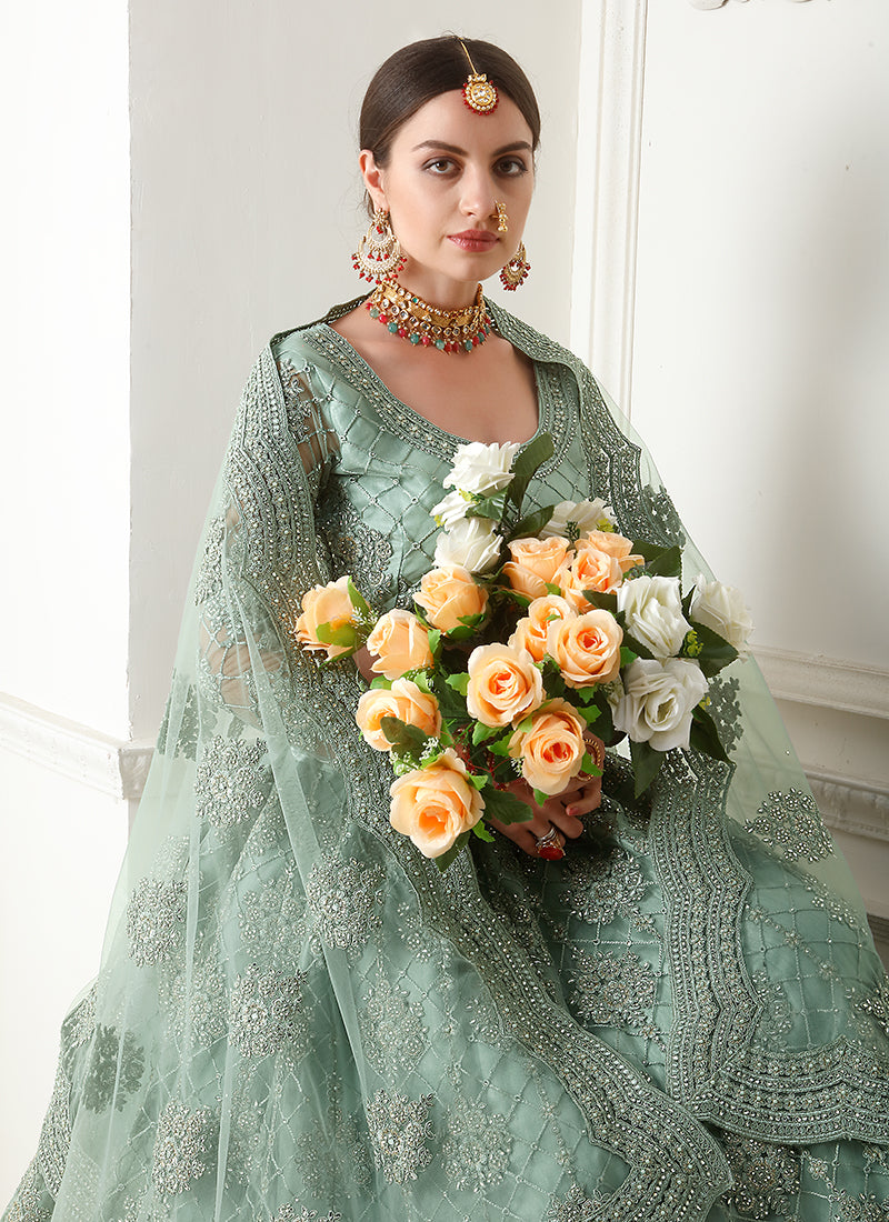 Alizeh Bridal Heritage Greyish Green Heavy Embroidered Net Designer Lehenga